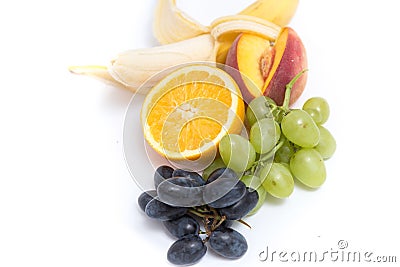 Grapes, peaches, bananas and orange Stock Photo