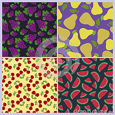 Grapes, pear, cherry and watermelon seamless pattern. Berries and fruits. Fashion design. Food print for dress, skirt Vector Illustration