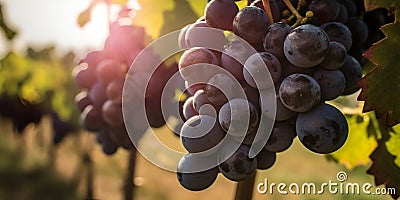 grapes in the sun vineyards, harvesting, bunch of grapes in the sun vineyards, harvest, horizontal photo. Generative AI Cartoon Illustration