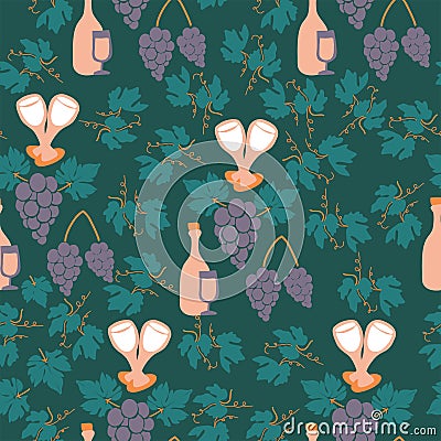 Grapes and wine bottles in a seamless pattern design Stock Photo