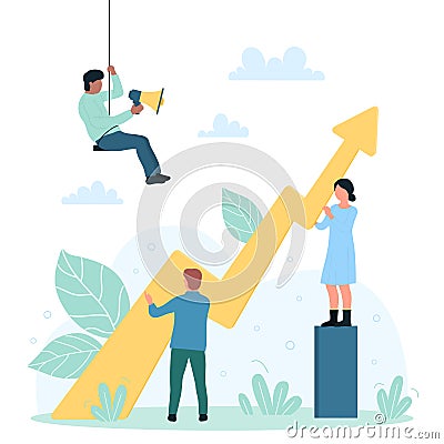 Graph arrow of stock market growing up, tiny people invest in efficient strategy Vector Illustration