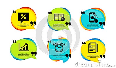 Graph chart, Alarm clock and Discount message icons set. Facts, Star rating and Cv documents signs. Vector Vector Illustration