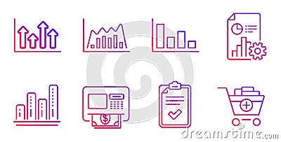 Graph chart, Atm and Histogram icons set. Infographic graph, Checklist and Upper arrows signs. Vector Vector Illustration