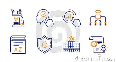 Graph chart, Blood donation and Vocabulary icons set. Microscope, Hospital building and Select user signs. Vector Vector Illustration