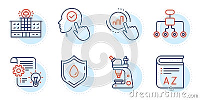 Graph chart, Blood donation and Vocabulary icons set. Microscope, Hospital building and Select user signs. Vector Vector Illustration