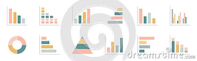 Graph chart color icons set. Annual report presentation. Business data statistic. Financial bar sign. Pie chart diagram Vector Illustration