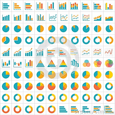 100 graph and chart infographic icon flat design Vector Illustration
