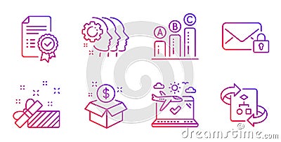 Graph chart, Present and Employees teamwork icons set. Certificate, Secure mail and Airplane travel signs. Vector Vector Illustration