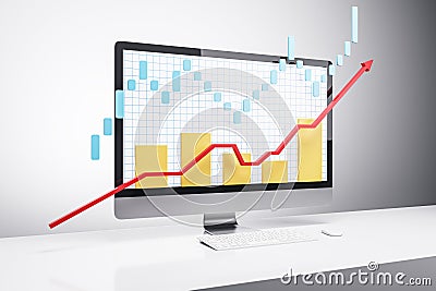 Graph and chart showing market growth on computer screen. 3D Rendering Stock Photo