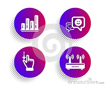 Graph chart, Smile and Touchscreen gesture icons set. Wifi sign. Growth report, Socila media, Slide down. Vector Vector Illustration