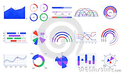Graph charts. Colorful diagrams, statistics dashboard chart and infographic elements vector set. Stock market analytics Vector Illustration