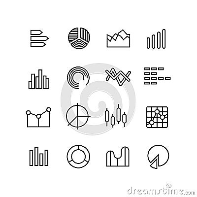 Graph, data chart, statistics representation, business diagram vector thin line icons Vector Illustration