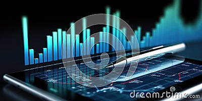 A graph on a digital tablet screen showing rising profits, with a stylus pointing to the highest point , concept of Data Stock Photo