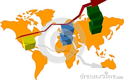 Graph of economic growth, world map, growing cubes, and the arrow in the upper Vector Illustration