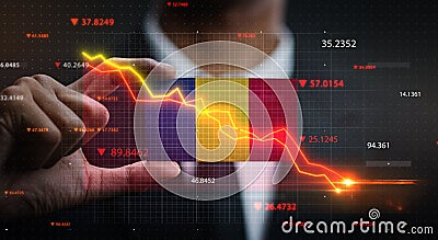 Graph Falling Down in Front Of Romania Flag. Crisis Concept Stock Photo