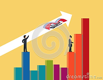 Graph going up. Businessman flying with dollar wings. business sales or profit increase concept Vector Illustration