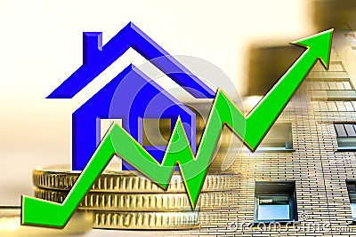 The graph of growth and a symbol of real estate on a background of money . Stock Photo