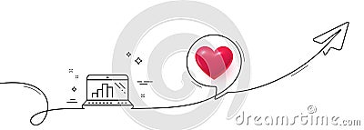 Graph laptop line icon. Column chart sign. Continuous line with plane. Vector Vector Illustration