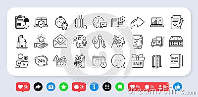 Graph laptop, Open door and Select alarm line icons pack. For web app. Social media icons. Vector Vector Illustration