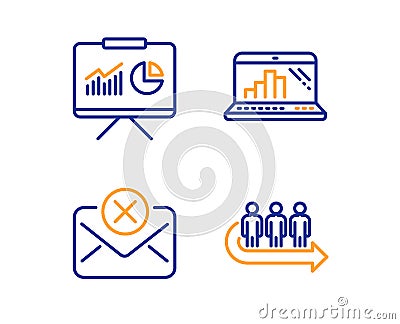 Graph laptop, Presentation and Reject mail icons set. Queue sign. Vector Vector Illustration