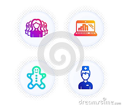 Graph laptop, Women group and Gingerbread man icons set. Doctor sign. Vector Vector Illustration