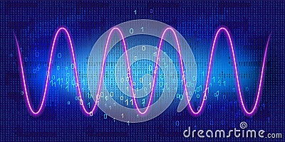 Graph with neon periodic sinusoidal curve on blue background with binary code. Concept of technology of discrete data transfer in Vector Illustration