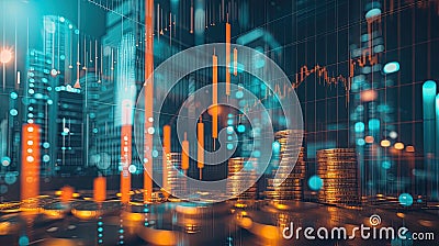 a graph representing financial trends and lines of coins, visually illustrating the intersection of data analysis and Stock Photo