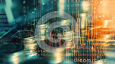 a graph representing financial trends and lines of coins, visually illustrating the intersection of data analysis and Stock Photo