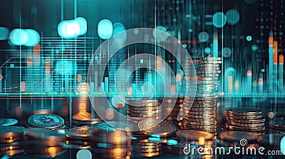 a graph representing financial trends and lines of coins, visually illustrating the intersection of data analysis and Stock Photo