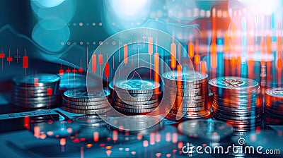 a graph representing financial trends and lines of coins, visually illustrating the intersection of data analysis and Stock Photo