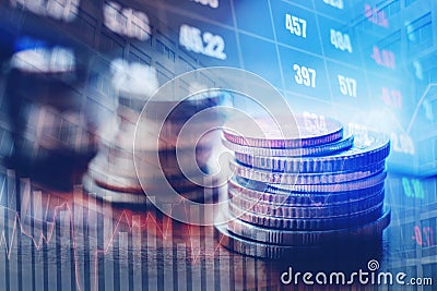 Graph on rows of coins for finance and banking on digital stock Stock Photo