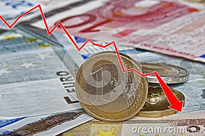 Graph showing the decline of Euro paper currency and coins Stock Photo