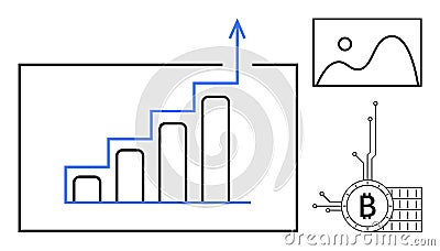 Graph Showing Rising Bitcoin Value with Growth Chart and Bitcoin Circuitry Symbol Vector Illustration