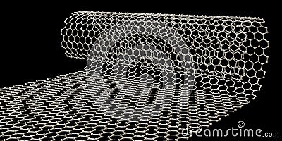 Graphen layer folding to nanotube, 3D illustration. Hexagonal carbon structure of a nanotube, also known as buckytube Cartoon Illustration