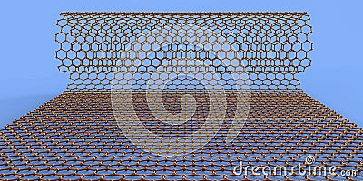 Graphen layer folding to nanotube, 3D illustration. Hexagonal carbon structure of a nanotube, also known as buckytube Cartoon Illustration