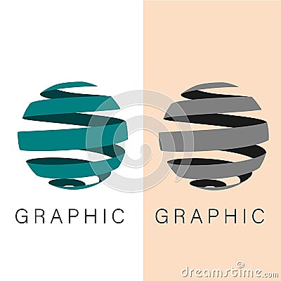 GRAPHIC OBJECTS in the form of a sphere in the form of a spiral. Emblem, logos on white and beige backgrounds Stock Photo