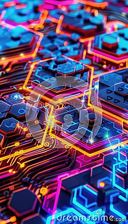 Graphic of Abstract art of a datadriven market analysis using neon colors and glowing hexagons to illustrate technological Stock Photo