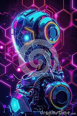 Graphic of Abstract art of a robot using AI to predict market trends with neon colors and glowing hexagon patterns Stock Photo