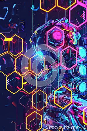 Graphic of Abstract art of a robot using AI to predict market trends with neon colors and glowing hexagon patterns Stock Photo