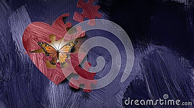 Graphic abstract butterfly emrges from opening heart with puzzle piece shapes background Cartoon Illustration
