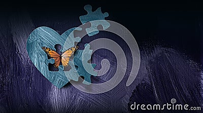 Graphic abstract butterfly escapes heart with puzzle piece opening background Cartoon Illustration