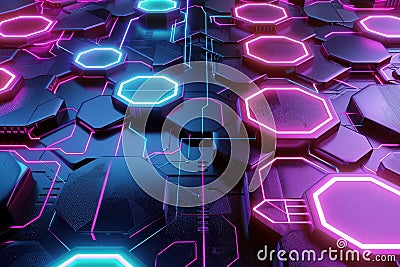 Graphic of Abstract representation of AIdriven data visualization using neon colors and hitech hexagon patterns Stock Photo
