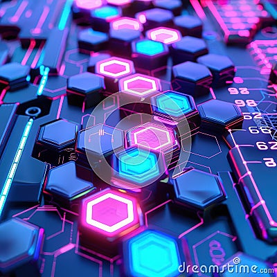 Graphic of Abstract representation of AIdriven data visualization using neon colors and hitech hexagon patterns Stock Photo