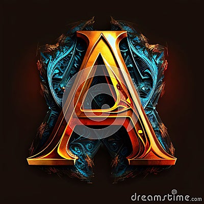 Letter A uppercase. 3D render font with abstract fractal pattern on black background Stock Photo