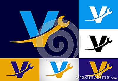 Graphic alphabet V with wrench. Logo for mechanical, technology, repair service , automotive business Vector Illustration