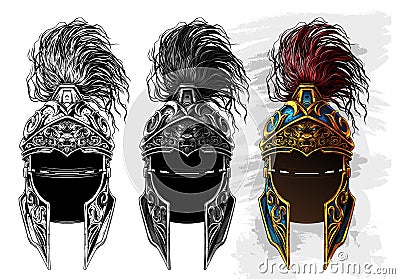 Graphic ancient metal warrior helmet icon set Vector Illustration