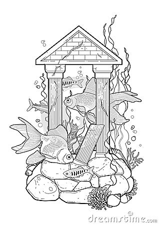 Graphic aquarium fish with architectural sculpture Vector Illustration