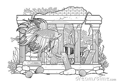 Graphic aquarium fish with architectural sculpture Vector Illustration