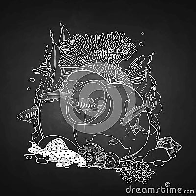 Graphic aquarium fish with broken jar Vector Illustration