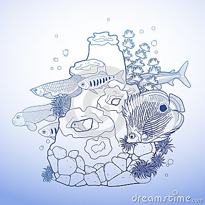 Graphic aquarium fish with coral reef Vector Illustration